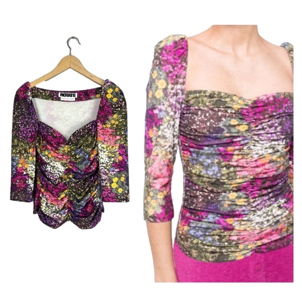 ROTATE Birger Christensen Freja Floral Ruched Blouse 3/4 Sleeve Stretchy Sz4 Top